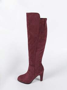 Women's Knee-High Boots, New 2025 Autumn/Winter Designs, Pleated Boots, Round Toe, Chunky Heel, Fashion Tall Boots With Side Zipper - Burgundy - View 19