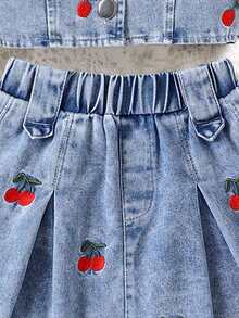 Tween Girl Cherry Pattern Embroidered Camisole And Denim Skirt Set - Blue - View 4