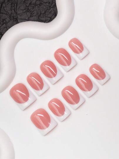 10pcs/Set Handmade Square Nail Tips, Y2K Baddie Style, Nude & White Color With French Tip Design, Suitable For Women & Girls, Includes Tools, Great Gift For Ladies Nails Nail Supplies