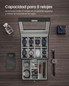 SONGMICS Caja de Relojes de 2 Niveles, Estuche para 8 Relojes, Tapa de Cristal, con Cerradura, Cuero Sintético Negro y Forro Gris - Negro - Ver 4