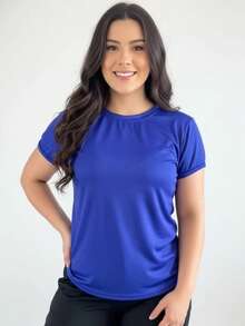 Women's Fashionable Fit Dry Baby Look Polyester T-Shirt For Gym - 寶藍色 - 查看 1