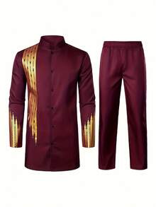 Men's Casual Long-Sleeved Two-Piece Suit, Mid-Length Top And Trousers  Baroque    Regular Fit    Button Front  Pocket  Knot    Halloween  Christmas - 酒紅色 - 查看 3