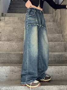 Tween Girls' Casual Washed Double Layer Wide Leg Jeans - Blue - View 3