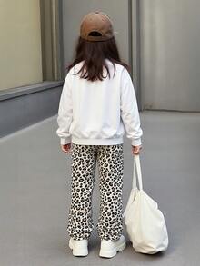 Conjunto de 2 piezas de sudadera y pantalones con estampado de leopardo, elegante para niñas de 8 a 12 años en primavera/otoño - Blanco - Ver 2