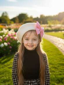 1pc Girls' White Big Bow Beret Hat, Solid Color, All Season, Vintage Style, Children's Warm Decorative Hat For Autumn/Winter - 1PC - View 10