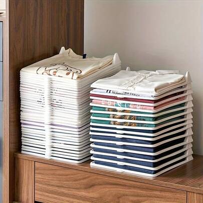 5pcs Stackable Clothes Organizers - Portable Plastic Shirt And T-Shirt Storage Boxes With "We Come From Elsewhere" Design, Space-Saving Compact Storage For Closet, Wardrobe, Home Organization, Neutral Color Storage Boxes, Closet Storage And Organization, Mounted Closet System