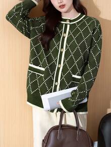 Alicedudu Áo len cardigan dáng rộng phong cách cổ điển họa tiết kim cương cho nữ, mùa thu/đông - Tảo xanh - Xem 5