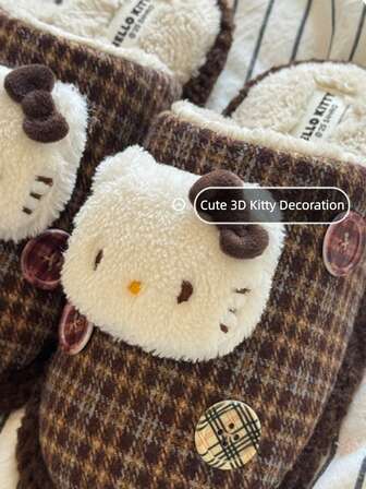 Sanrio 1 Pair Of Kitty Cotton Slippers, Cute Cartoon Design, For Home Use, Non-Slip, Warm, Lined Women's Slippers, Hello Kitty Slippers, Suitable For Christmas Use