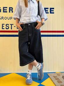 女士牛仔短裤 - 深藍色 - 查看 3