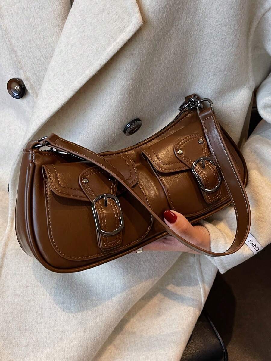 Bolso de hombro versátil y casual de unicolor con estilo retro - Café - Ver 1