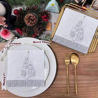16pcs Christmas Cocktail Party Napkins, Elegant Christmas Tree Napkins, Festive Dining Accessory, Christmas Table Decorations, Perfect For Christmas Celebrations