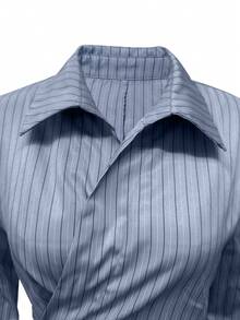 Camisa de manga larga con cuello plisado, cruce de tirantes en la cintura, para uso casual, oficina, citas y en casa, otoño/invierno - Azul - Ver 3