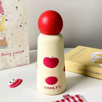 1PC Cute Apple Pattern Insulated Water Bottle, 304 Stainless Steel Thermal Flask With Red Ball Lid, Portable Cartoon Drinkware For Daily Use & Gift