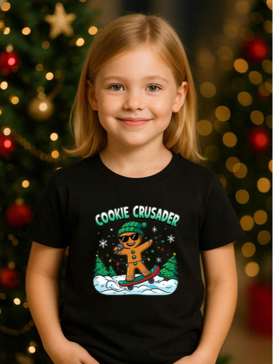 Camiseta para niñas de 3 a 12 años, con manga corta, cuello redondo y fabricada en 100% algodón, con diseño de: La Galleta de Jengibre más Extrema. - Negro - Ver 1