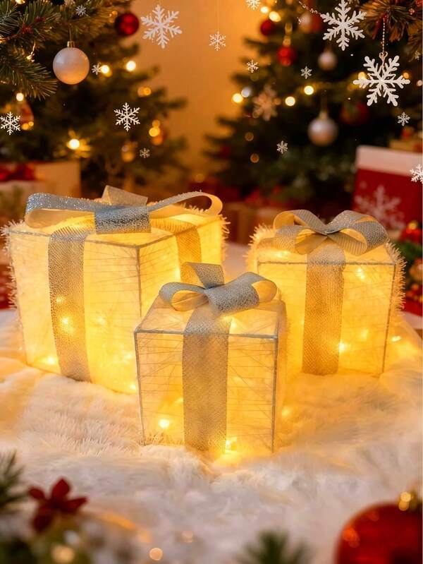 3pcs Set: Elegant Christmas Luminous Decorative Light, Detachable Gift Box And Lighting (Battery/USB Powered) Christmas Decor, Red Bow Gift Box, Suitable For Christmas, Wedding, Birthday, Indoor, Living Room, Yard, And Valentine's Day Gift!