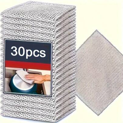30pcs Of Metal Wire Cleaning Cloths For Household Kitchen Pots And Dishes, Double-Sided Cleaning Towels For Scrubbing.Ultra-Fine Fiber Kitchen & Household Cleaning Pads, Non-Abrasive Scratch-Free Cloth For Cookware, Pots, Pans, Countertops - On Non-Stick Surfaces, Dishwasher