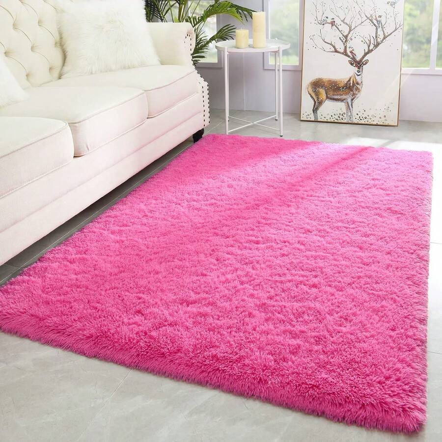 Large Shaggy Area Rug For Living Room & Bedroom – Stain-Resistant Fluffy Carpet With 1.4 In High Pile, Plush Aesthetic Throw Rug, Non-SIip Rubber Backing With 4 Anti-SIip Pads, Durable Edge Stitching – Cozy Minimalist Decor – Great Gift For New Year ! - 玫紅色 - 查看 1
