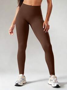 Yefecy Women's Seamless 2 Pieces Yoga Set - Tummy Control Leggings And Backless Sports Bra, Solid Color Activewear - Coffee Brown - View 6