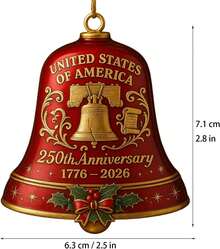 USA 250th Anniversary Bell Ornament 3D Red & Gold Commemorative Hanging Decor Elegant Doorbell For Patriotic Decor Tree Enamel Crafted Detailing 250th Anniversary USA Patriotic Ornaments - 紅色 - 查看 3