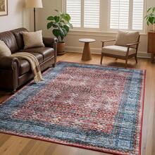5x7 Vintage Area Rug For Living Room Bedroom, Machine Washable Non Slip Indoor Rug, Thin Throw Floral Low Pile Distressed Carpet For Office Nursery Dining Room Red/Blue, Modern Chic Design - 紅/藍 - 查看 6