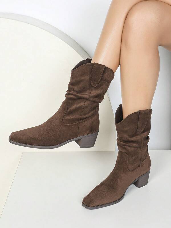 1 Pair Solid Color Western Style Pleated Women Short Boots, Autumn/Winter