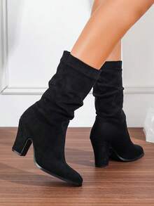 粗跟休闲靴圆头绒面革修身高筒靴女式，新款秋冬中筒马靴，带毛皮 - 黑色 - 查看 3