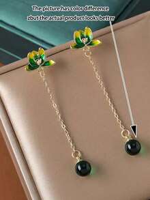 1 对中国风绿莲花流苏仿玉耳环，时尚优雅，适合女性日常佩戴、度假、派对佩戴、节日礼物 - 綠色 - 查看 3