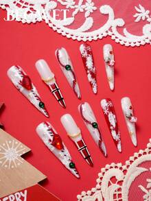 BEGAVET 10 Stücke handgemachte Salon-Qualität Weihnachts-Aufklebe-Nägel extra lang exklusives Design 3D Nägel mit 3D Charms, geeignet für Partys/Musikfestivals und den täglichen Gebrauch