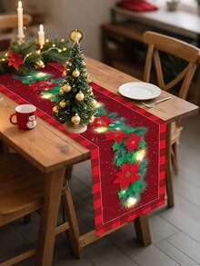 1件红色一品红和金色铃铛圣诞图案涤纶桌旗，节日圣诞风格，100%涤纶长方形桌旗，饰有生动的节日花卉和铃铛图案，抗皱易打理，适用于家庭餐桌装饰、圣诞派对桌面装饰、节日房间装饰 - 彩色 - 查看 31