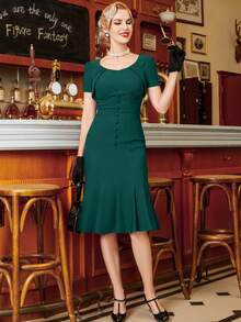 Rochie retro din anii 1950, stil sirenă, cu decolteu în formă de inimă, rochie de cocktail creion - Verde inchis - Vizualizare 6