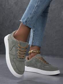 女士休闲运动鞋，时尚小白鞋，街头风格滑板鞋，轻便 - 軍綠色 - 查看 4