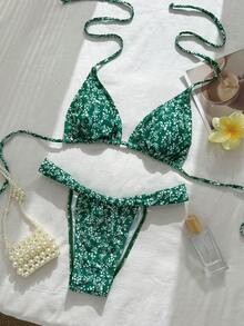 2 pièces Ensemble de bikini style bohème élégant sexy avec motif géométrique et imprimé floral tropical. Maillot de bain pour femmes pour les vacances à la plage, printemps/été - Vert - Voir 3