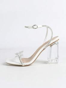 女士厚底水晶高跟凉鞋，方头水钻蝴蝶金属扣优雅时尚露趾设计，基础款，适合派对、夏季和秋季穿着。 - 白色 - 查看 6