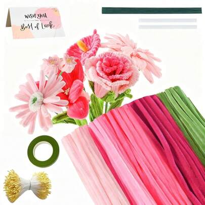 Bộ 5 cành hoa tươi thủ công, bộ cành hoa mềm mại, bộ cành hoa màu hồng, kèm băng dính cắm hoa, thích hợp làm quà cưới, bó hoa tốt nghiệp (màu hồng)