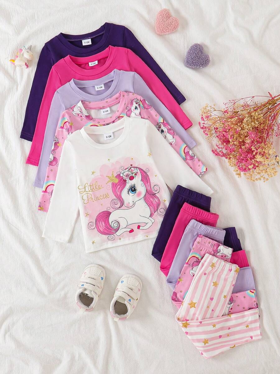 Conjunto de 10 piezas de top de manga larga y pantalones casuales para niñas bebé en otoño, camiseta de cuello redondo con estampado de unicornio de dibujos animados, pantalones de pierna recta con cintura elástica, adecuado para uso diario tanto en interiores como en exteriores - Multicolor - Ver 1