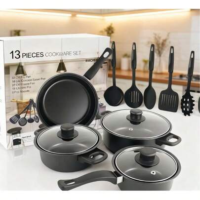 13-częściowy zestaw naczyń kuchennych z powłoką nieprzywierającą w kolorze czarno-różowym i niebieskim, wielofunkcyjne garnki i patelnie z powłoką ceramiczną, kompleksowy zestaw kuchenny
