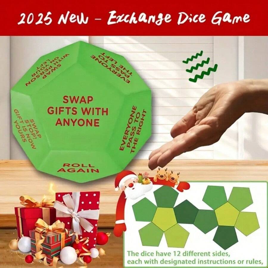 1pc Santa Gift Exchange Dice - 12-Sided Christmas Party Dice With Festive Design, 3x3x3 Inch Durable Plastic, Gift Exchange Game, Fun Design, Perfect For Holiday Games, Family Fun And Gift Exchange, Christmas Party Decorations, Holiday Themed Design, Best For Christmas - Multicolor - View 1