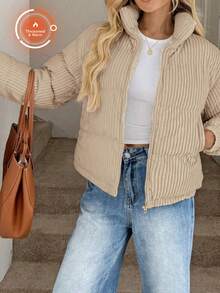 Women's Solid-Colour Textured Corduroy Striped Pocket Zip-Up Cropped Top, Loose-Fitting Casual Versatile Stand-Collar Warm Cotton-Lined Jacket, Suitable For Cold Weather Wear. - Khaki - View 1