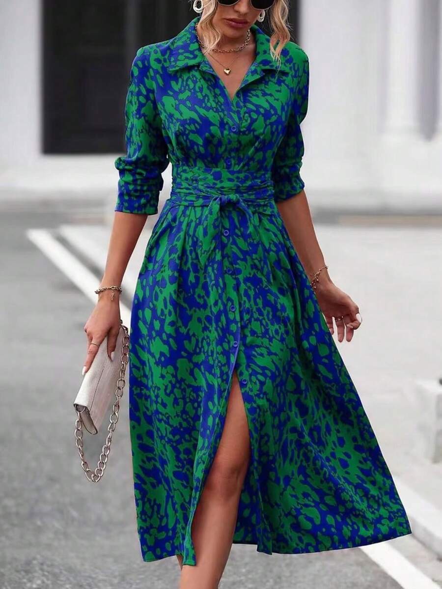 Plus Size Women Leopard Print Lapel Collar Long Sleeve Shirt Dress, Regular Sleeve, Front Slit Hem, Waist Tie - Green - View 1