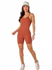 Manalinda Bermuda Shorts Romper In Polyamide - Rust Brown - View 1