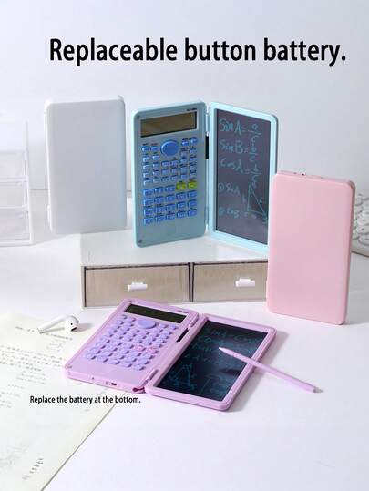 1 pieza Calculadora científica con pizarra LCD - Pantalla grande de 10 dígitos, diseño plegable, alimentada por batería - Adecuada para estudiantes, oficina y útiles escolares (se requiere batería de botón CR2032)