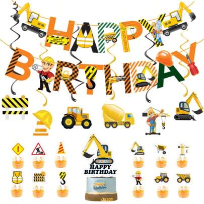 1 Set de Banderas de Fiesta de Cumpleaños con Vehículos de Construcción, Decoraciones de Cumpleaños con Excavadora de Dibujos Animados, Bandera, Decoración de Grúa, Centros de Mesa de Panal, Decoración de Mesa y Pared, Globos Decorativos