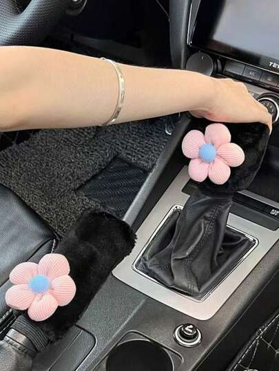 可爱花卉冬季毛绒换挡杆套、手刹套，自动/手动变速箱通用汽车配件套装