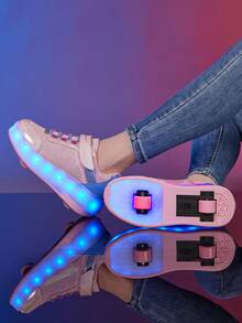 1双青少年LED发光蕾丝布艺魔术贴透气随机图案闪光PU可爱轮滑鞋运动鞋，圆头厚底低帮轮子青少年运动鞋 - 粉色 - 查看 4