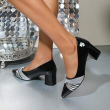 Màu ombre, Phong cách Châu Âu, Đơn nguyên bản, Cỡ lớn 44 43, Da bóng mềm, Gót thô, Giày cao gót, Mũi nhọn, Giày cao gót đế xuồng cho nữ, Đen & Đỏ - Da bóng màu đen - Xem 14