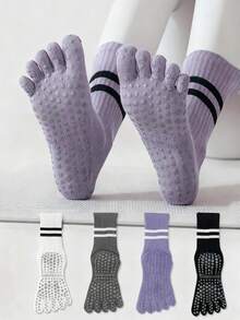 Contrast Stripe Mid-Calf Socks, Five Toe Sports Socks - Multicolor - View 7