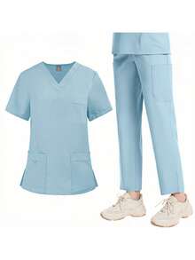 2pcs Women's Uniform - 4-Way Stretch V-Neck Top And Straight Leg Pants (8 Pockets), Fade-Resistant Hospital Scrubs, Street Fashion! - Baby Blue - View 5