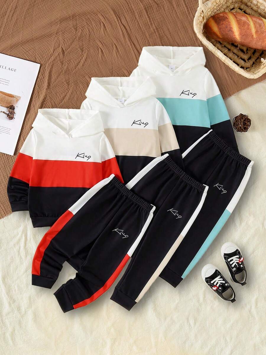 Conjunto de 6 peças de moletom com capuz de manga comprida e calças coloridas com estampa de letras em inglês para meninos, outono/inverno - Multicolorido - Ver 1