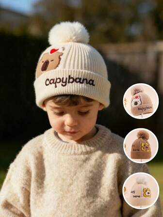 1pc Capybara Kids Winter Hat With Pom Pom, Warm Double Layer Knitted Cap, Cute & Fashionable, Soft & Comfortable, Suitable For Outdoor, Walking, Playing, Skiing, Ice Skating, Christmas, Halloween Gift