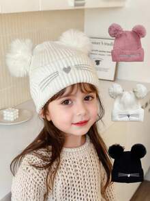 1 pezzo Berretto lavorato a maglia per bambini di colore unito con doppio pompon - Disegno a baffi di gatto e a cuore per bambini e bambine, cappello termico foderato per avventure all'aperto, attività scolastiche, feste, foto di famiglia e divertimento al parco giochi - 1PC - Visualizzare 2